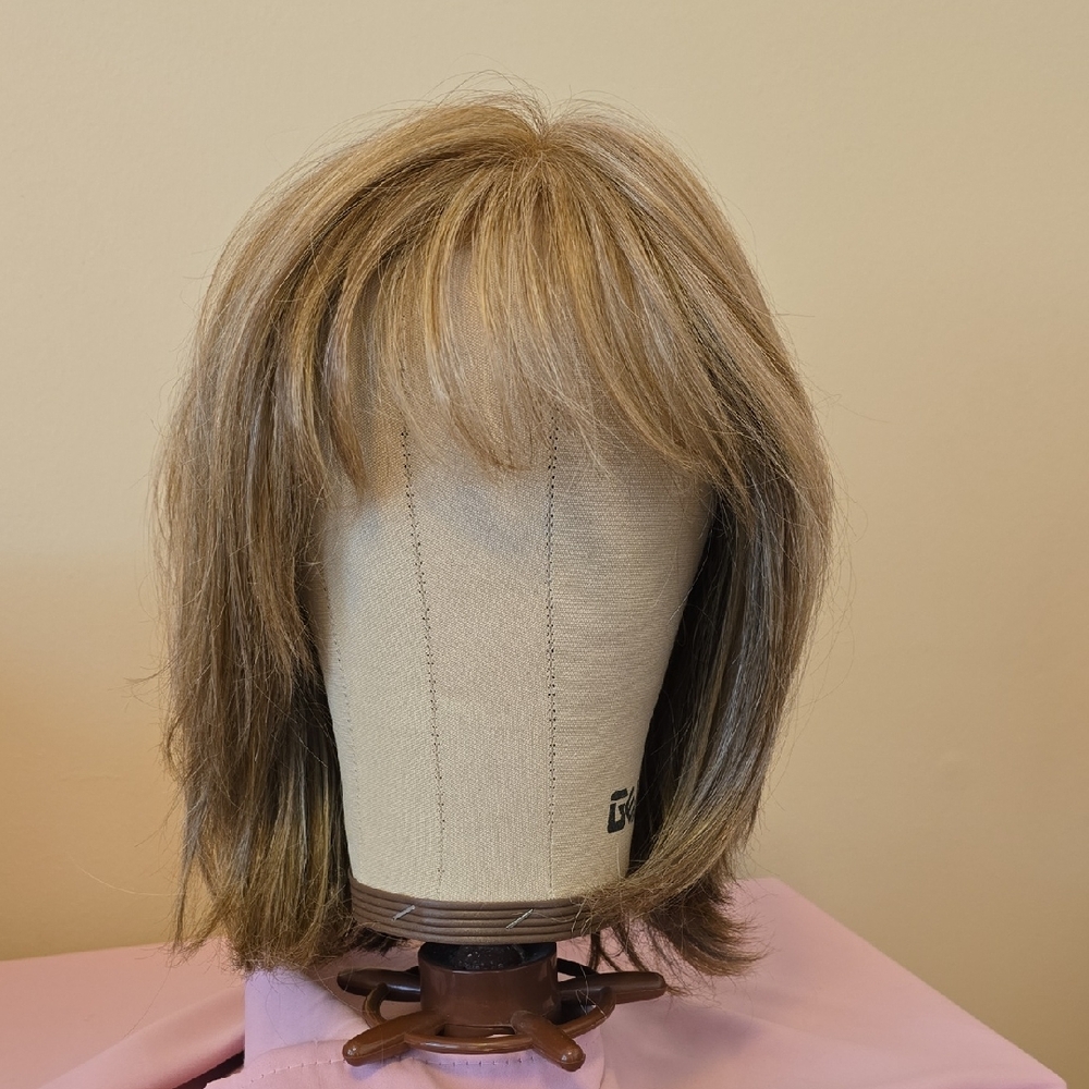 Human Hair Blend Strawberry Blonde/Light Brown Lob W/ Bangs Lace Front Mono Top